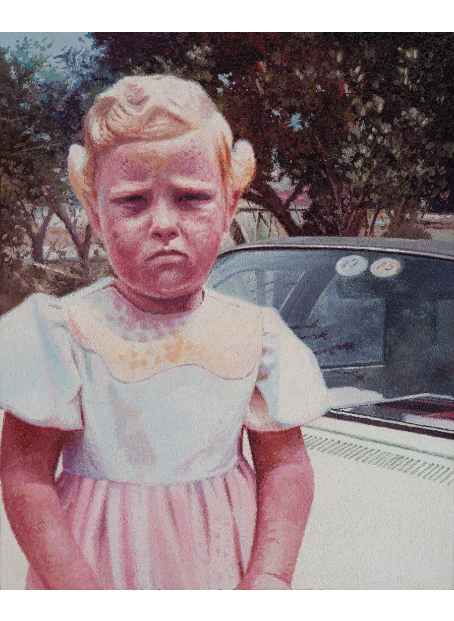 Child Frowning Beside Vintage Car.