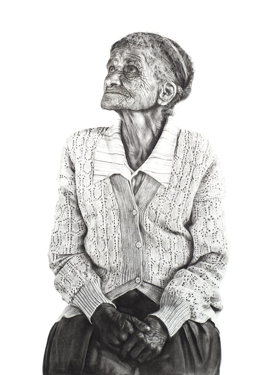 Elderly Woman In Knitted Cardigan, Thoughtful.